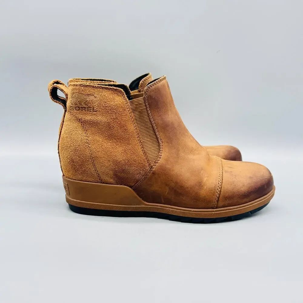 Sorel Boots Womens 7.5 Brown Leather Suede Evie Chelsea Wedge Ankle Waterproof